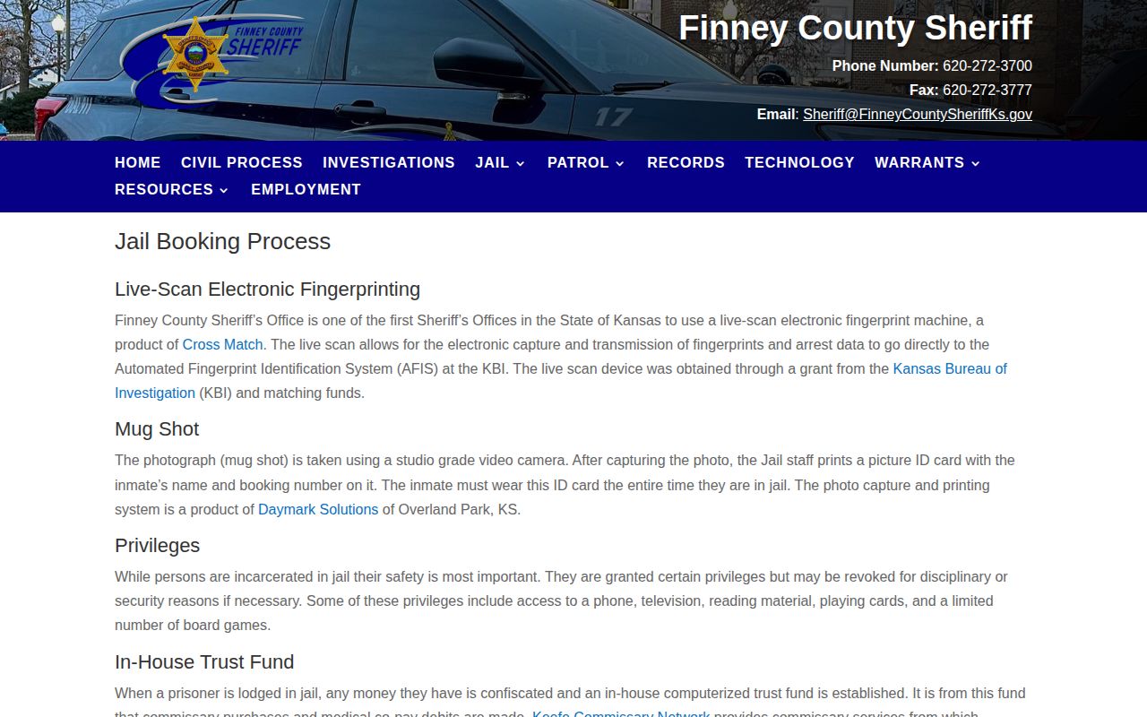 Finney County jail booking and mugshot record process