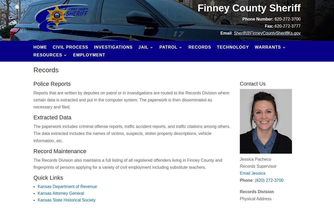 Finney County Sheriff booking record request page
