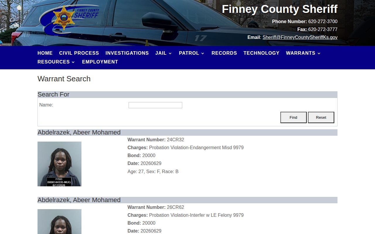 Finney County official warrant record search interface